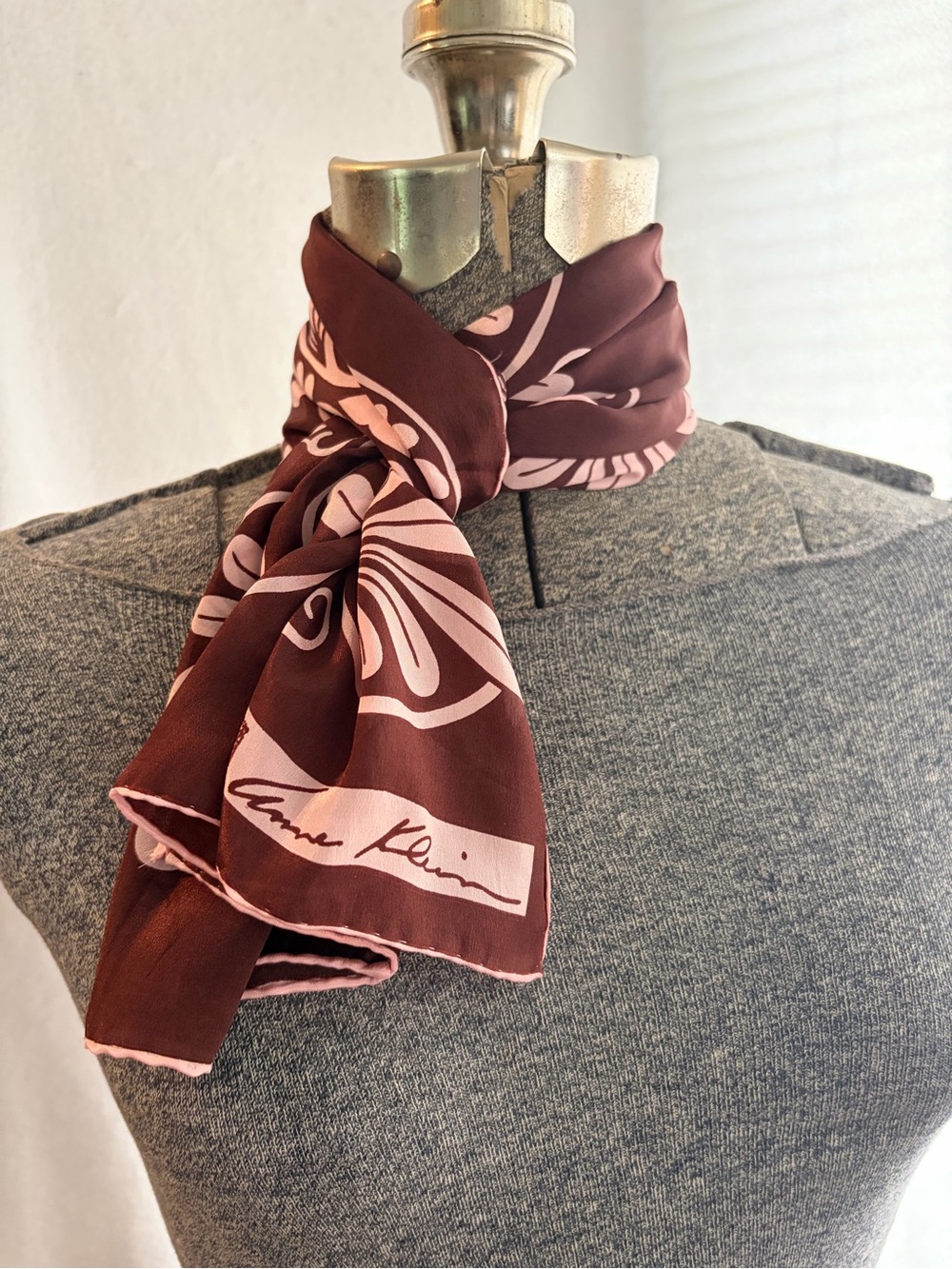 Vintage Anne Klein late 1970s palmette print silk scarf in brown and pink